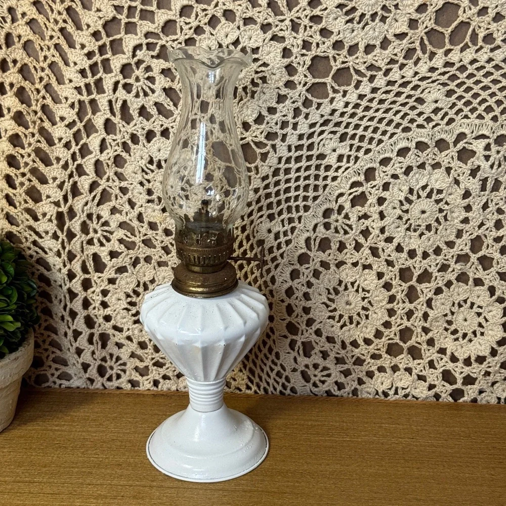 Vtg White Metal Miniature Oil Lamp Ruffled Glass Chimney Cottagecore Shabby Chic
